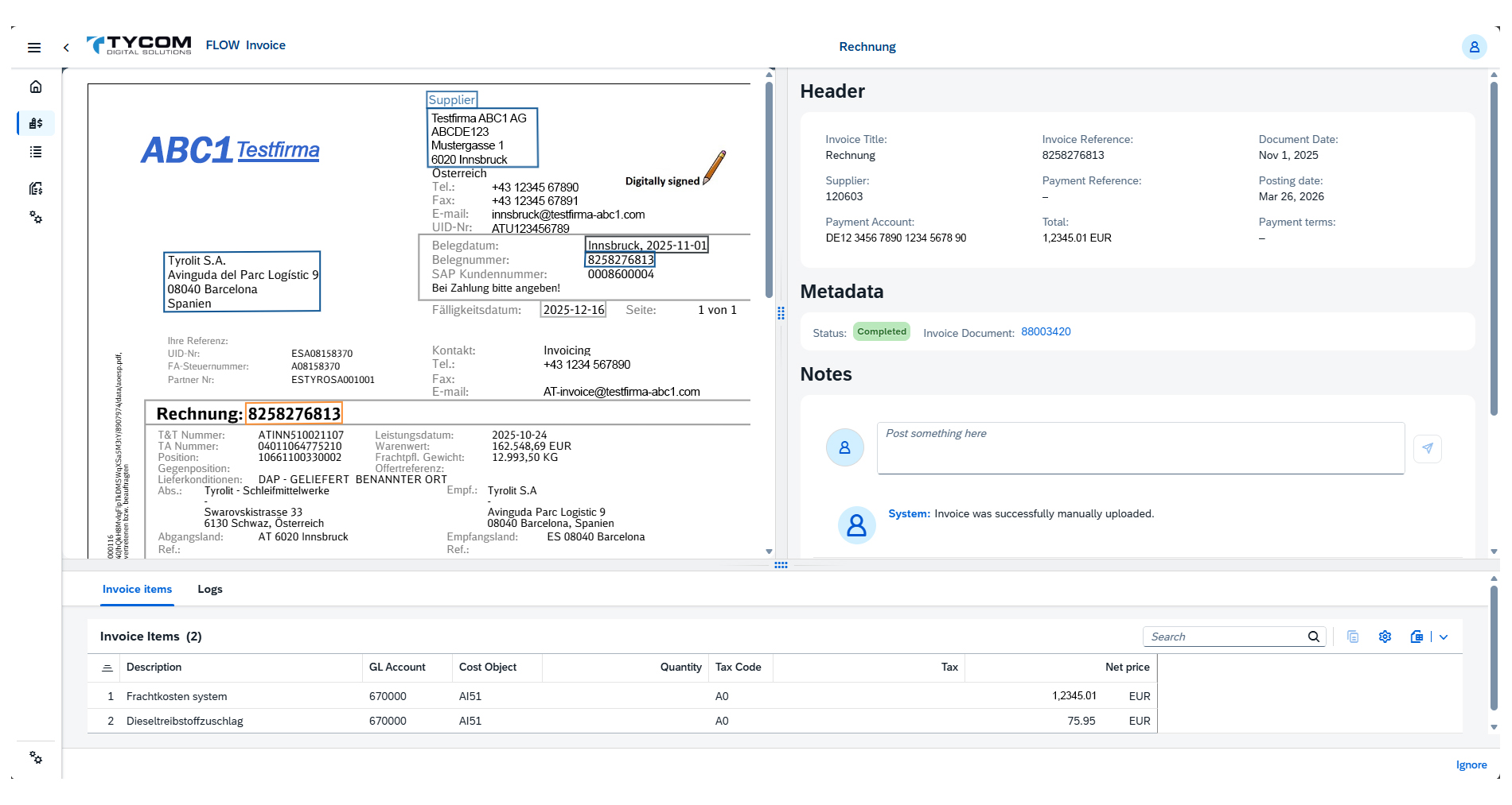 Tycom Flow KI-Analyse – semantische Auswertung einer Kundenbestellung mit Felderkennung und Stammdatenabgleich