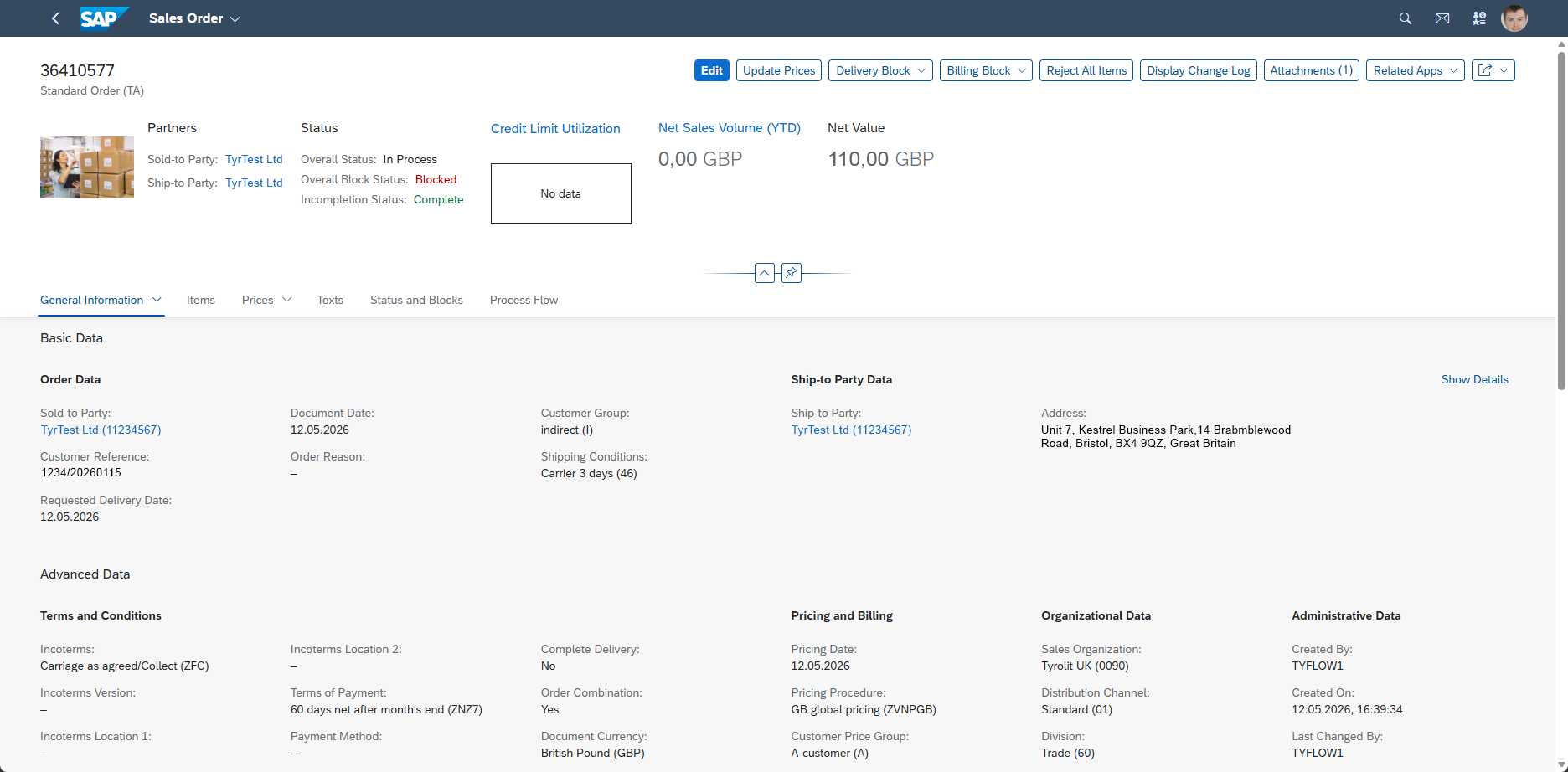 Tycom Flow Customer Order in SAP Fiori or SAP GUI